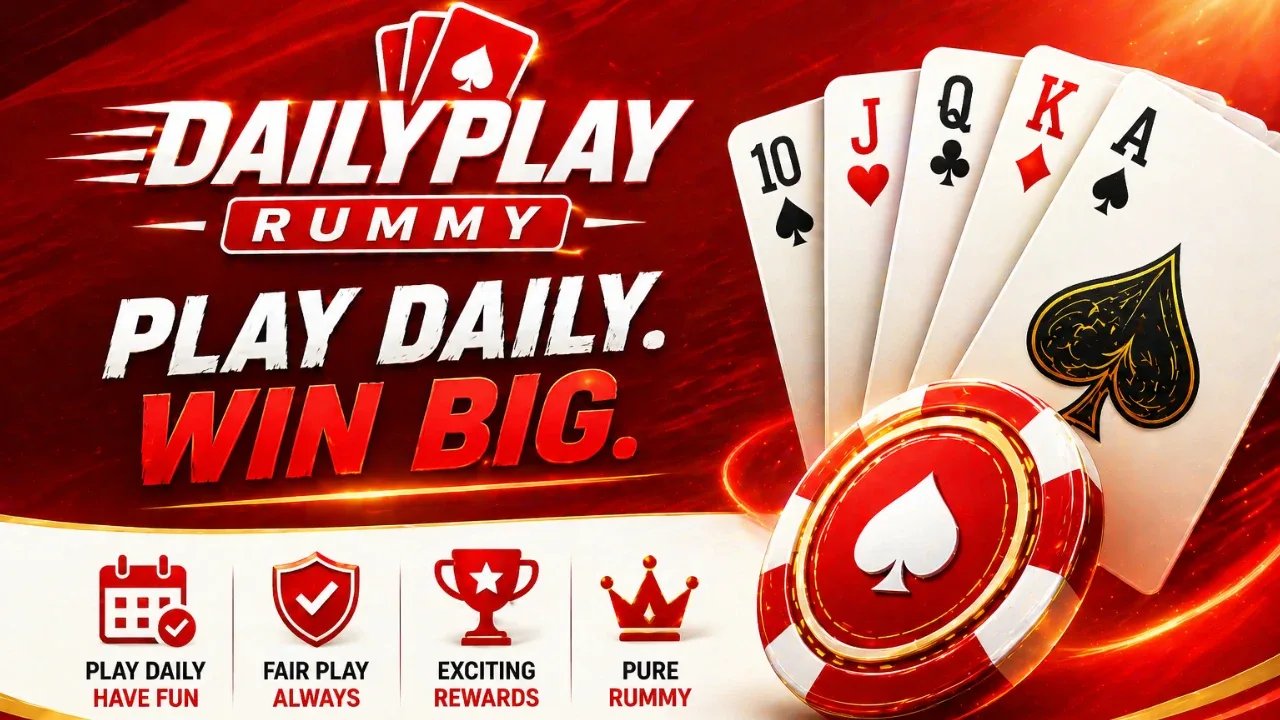 DailyPlayRummy hero banner — coral highlights, upbeat mobile frames, airy white canvas, playful cards motif, no brand logos visible